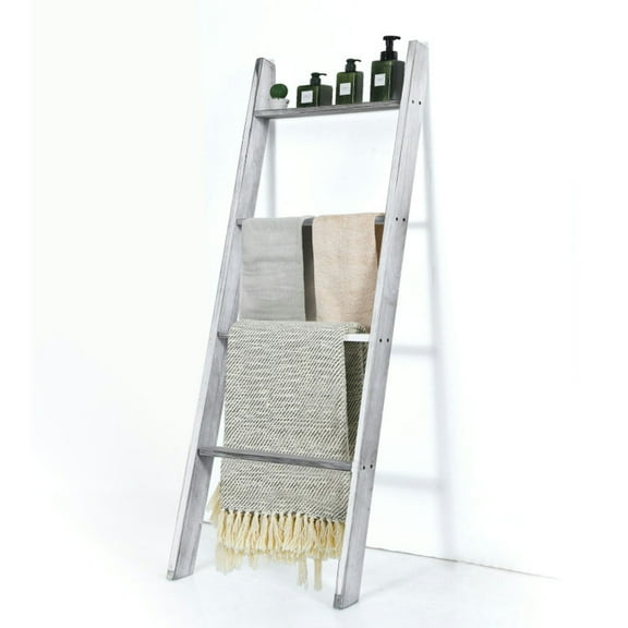 Resenkos 4-Tier Wall Leaning Ladder Shelf Stand-Gray, Bathroom Towel Bar for Small Bathroom, Towel Holder for Bathroom