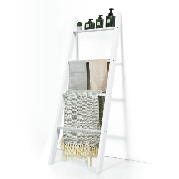Resenkos 4-Tier Wall Leaning Ladder Shelf Stand-White, Bathroom Towel Bar for Small Bathroom, Towel Holder for Bathroom