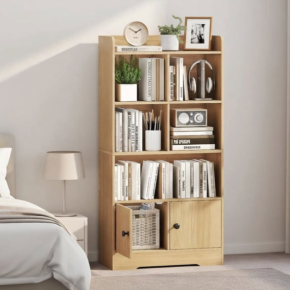 Resenkos 4 Tiers Bookcase with 4 Cubes Display Shelf and 2 Doors, Multi Functional Storage Unit for Living Room, Study, Natural