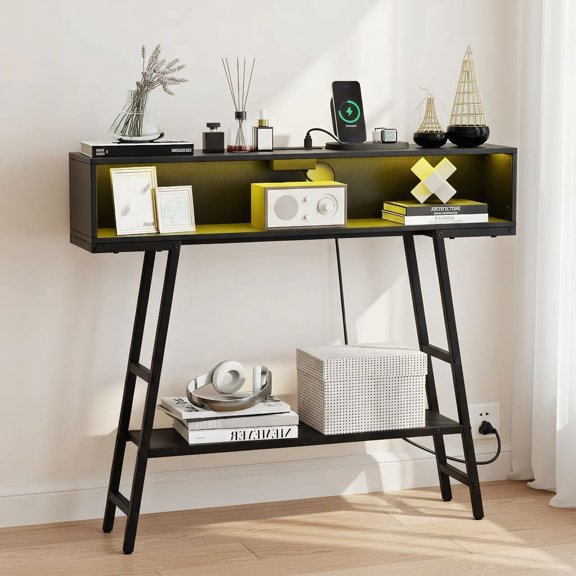 Resenkos 40 Inch Sofa Table with Charging Station and LED Lights, Contemporary Console Tablewith RGB Lighting for Home, Living Room, Black