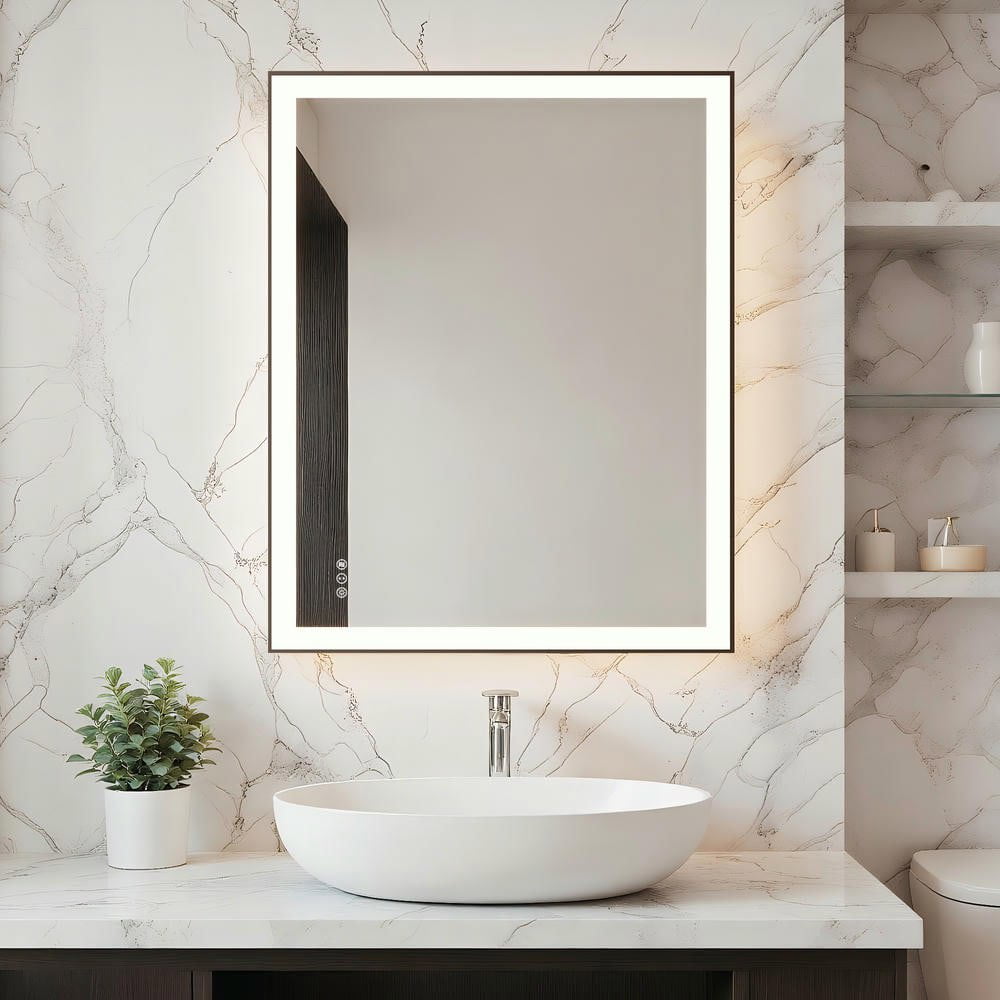 Resenkos 40x32 Inch Large Rectangle LED Bathroom Mirror - Contemporary Black Frame, Enhances Bathroom Aesthetic & Functionality, Black​