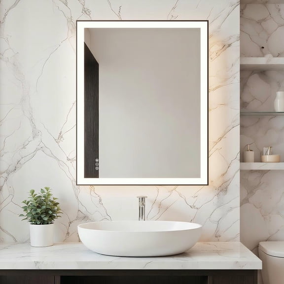 Resenkos 40x32 Inch Large Rectangle LED Bathroom Mirror - Contemporary Black Frame, Enhances Bathroom Aesthetic & Functionality, Black