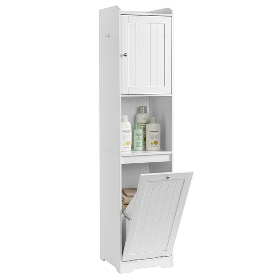 Resenkos 40x40x180cm Tall Bathroom Storage Cabinet, Particleboard Melamine 1 Door with Flip Drawer and Non-Woven Bag Organizer for Bathroom, White