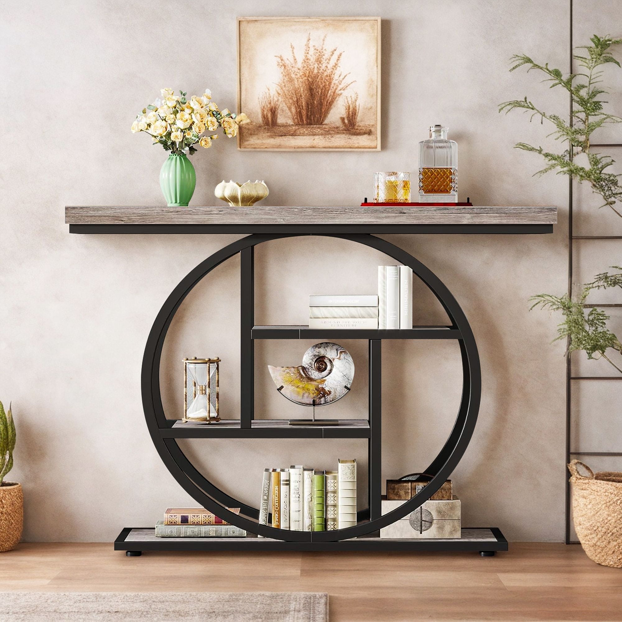 Resenkose 41.3" Console Table, Industrial 4-Tier Sofa Entryway Table with Circle Base,Gray