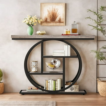 Resenkos 41.3" Console Table, Industrial 4-Tier Sofa Entryway Table with Circle Base,Gray