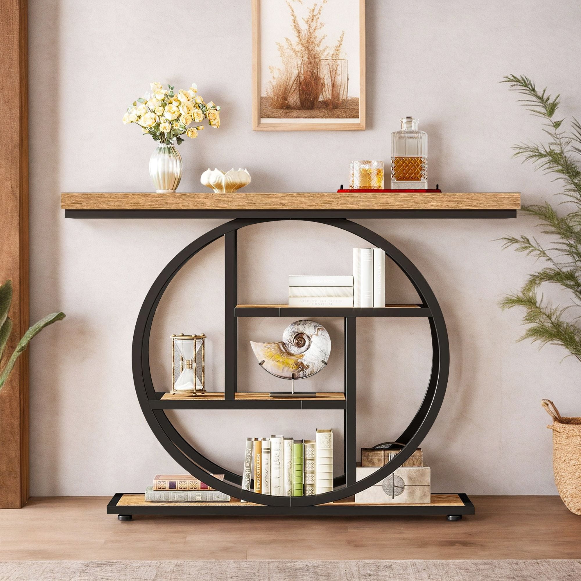 Industrial Light Brown Metal 4-Tier Console Table with Circular Base