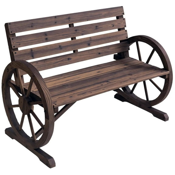 Resenkos 41" Wooden Wheel Bench, Weatherproof Patio Bench, 2-Slot Seat Bench with Back, Carbonized, Durable Outdoor Bench,Brown