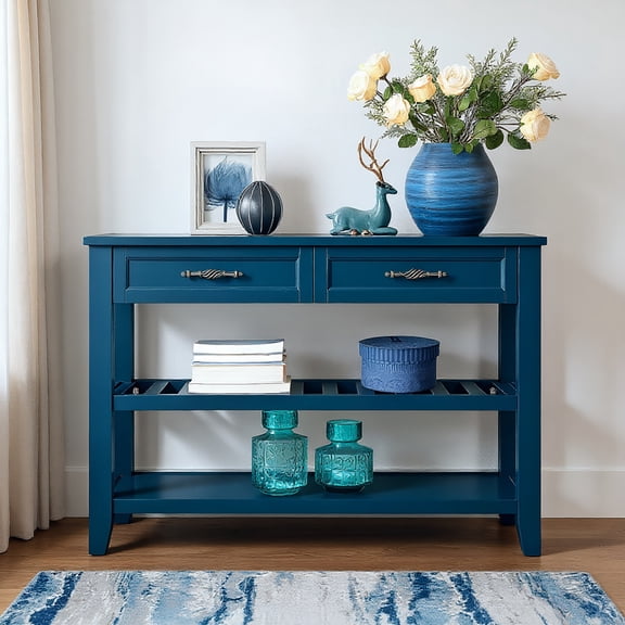 Resenkos 42'' Console Sofa Table with 2 Storage Drawers & 2-Tier Shelves, Mid-Century Solid Wood Buffet Sideboard, Navy Blue