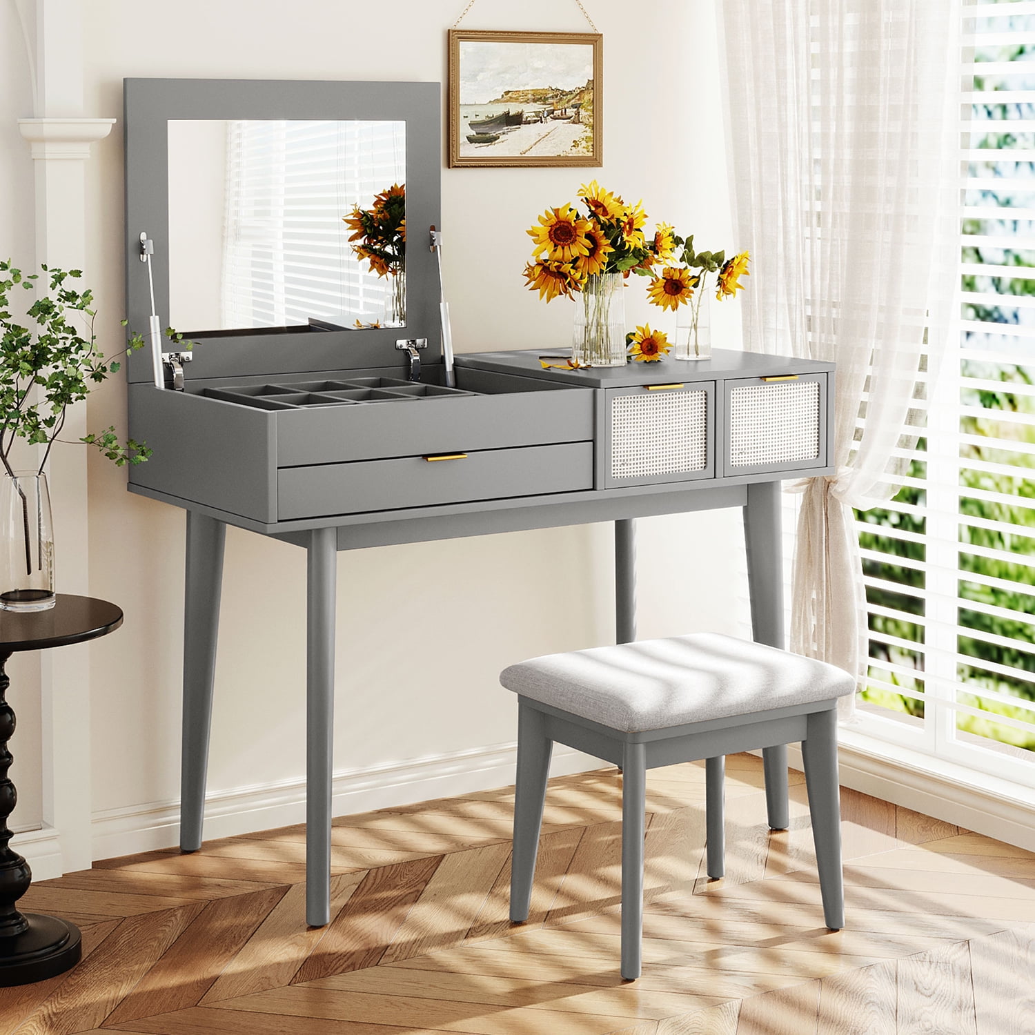 Resenkos 43.3" Classic Wood Makeup Vanity Set with Flip-top Mirror and Stool, Dressing Table with 3 Drawers, Gray