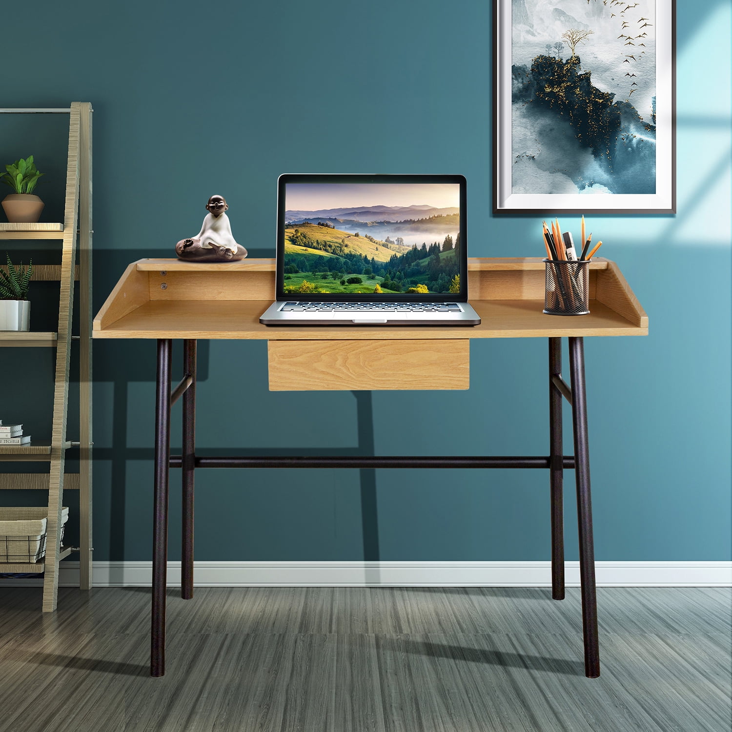 Resenkos 43.3" Computer Desk Office Desk with Printer Monitor Shelf,Student Laptop PC Writing Table,Oak Color