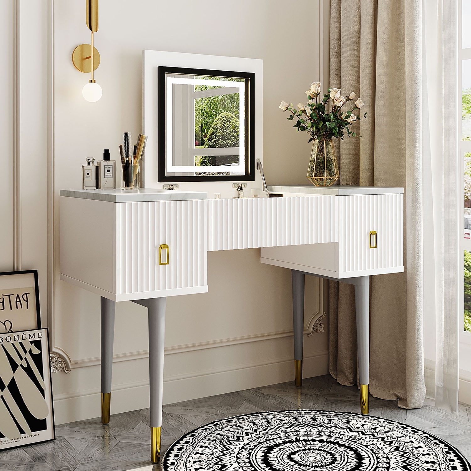 Resenkos 43.3" Modern Vanity Table Set with Flip-top Mirror and LED Light, Dressing Table with Customizable Storage, White and Gray
