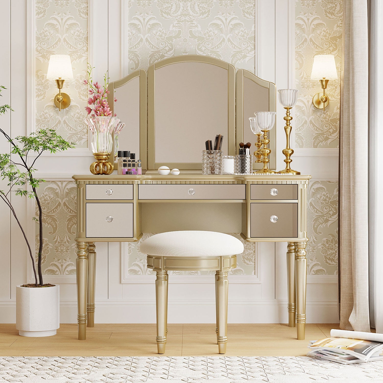 Resenkos 43" Dressing Table Set with Mirrored Drawers and Stool, Tri-fold Mirror, Makeup Vanity Set for Bedroom, Gold