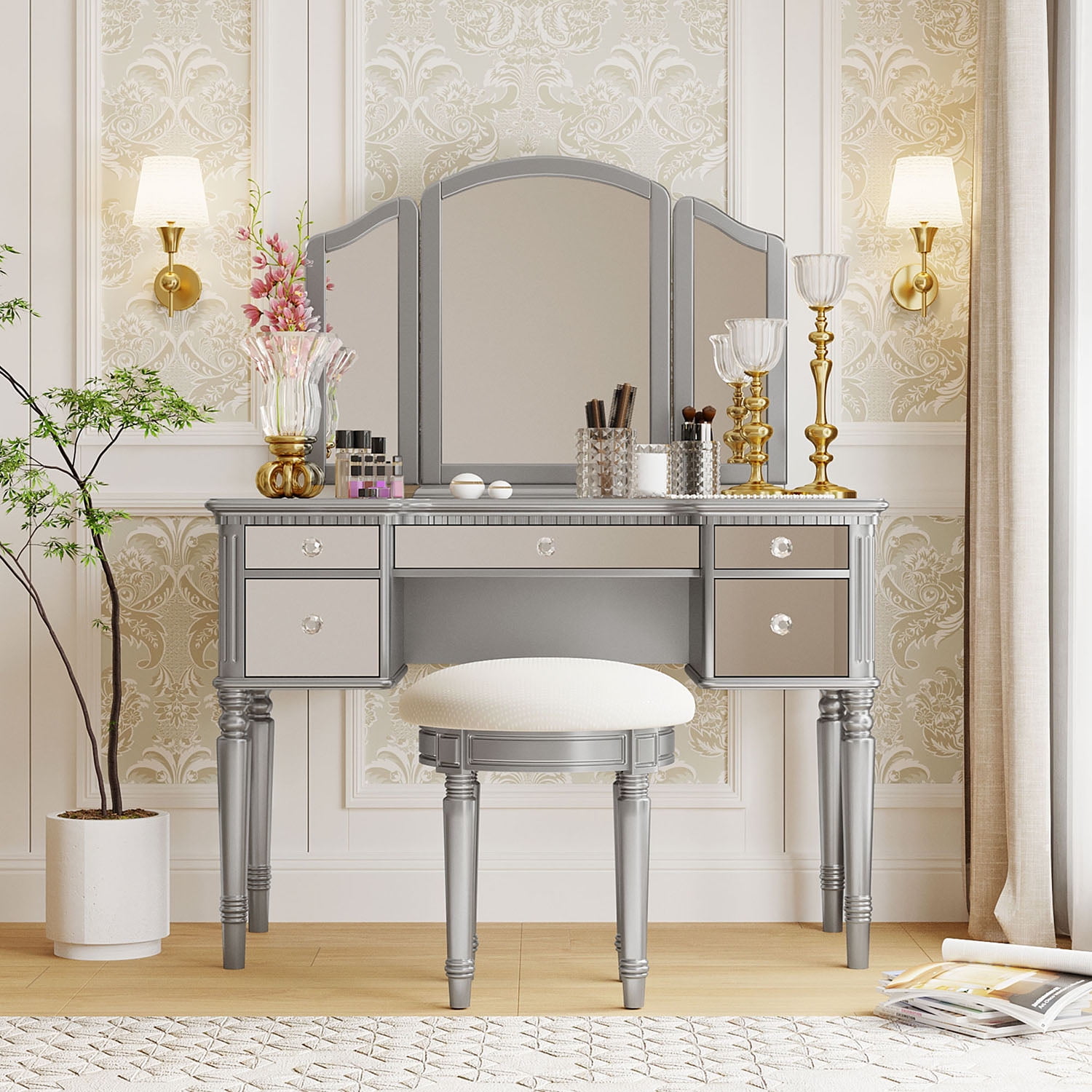 Resenkos 43" Dressing Table Set with Mirrored Drawers and Stool, Tri-fold Mirror, Makeup Vanity Set for Bedroom, Silver