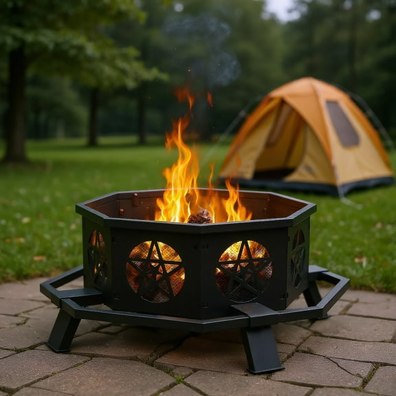 Resenkos 43-Inch Outdoor Firepit, Black Steel Construction, Premium Backyard Entertainment Center, Heat Retaining Design, Black