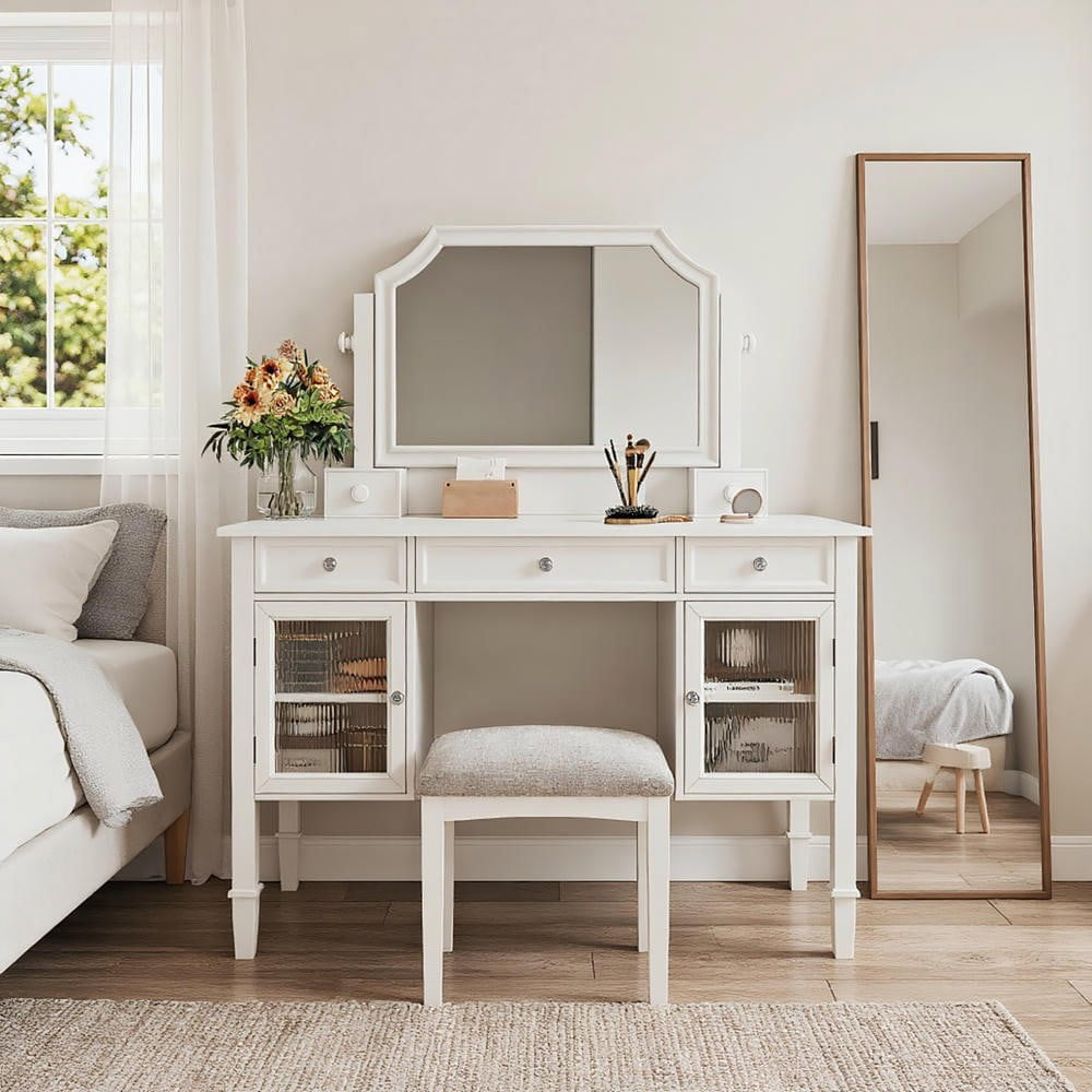 Resenkos 44.4" Makeup Vanity Desk with Large Adjustable Mirror, Dressing Table Set with Drawer & Cabinet, White