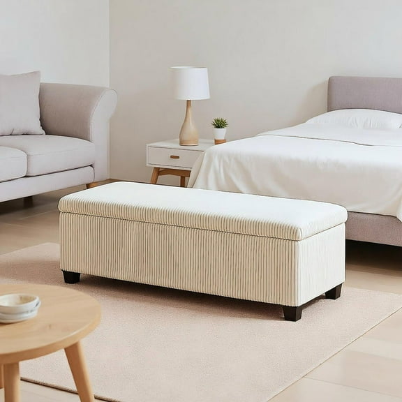 Resenkos 44" Corduroy Storage Ottoman with Lid & Legs, End of Bed Bench for Living Room/Bedroom/Entryway - Beige
