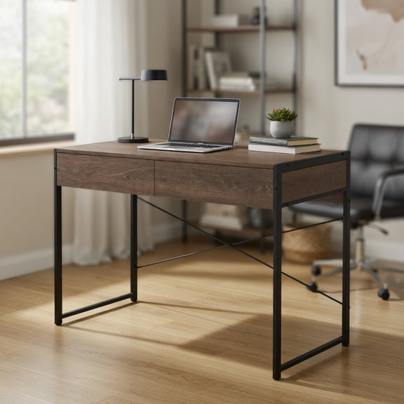 Resenkos 44-Inch Home Office Computer Desk with 2 Drawers and Metal Frame - Oak