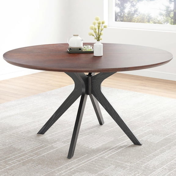 Resenkos 47.2" Solid Wood Round Dining Table for 4-6 People with Intersecting Pedestal Base, Black & Dark Walnut