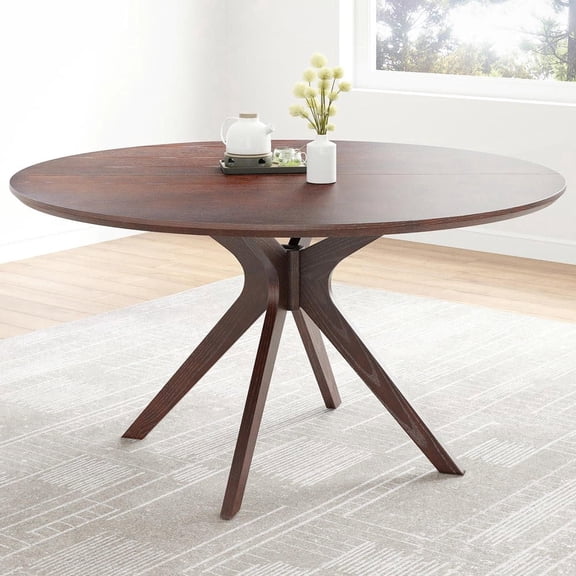 Resenkose 47.2" Solid Wood Round Dining Table for 4-6 People with Intersecting Pedestal Base, Dark Walnut Finish, Brown