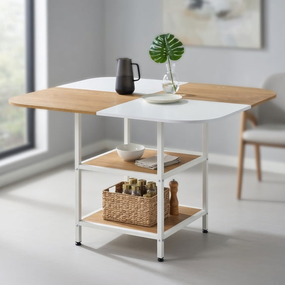 Resenkos 47.5 Inch Modern Kitchen Table with Mix-colored Tabletop, 2-Tier Square Storage Dining Table for Home, Living Room, Natural