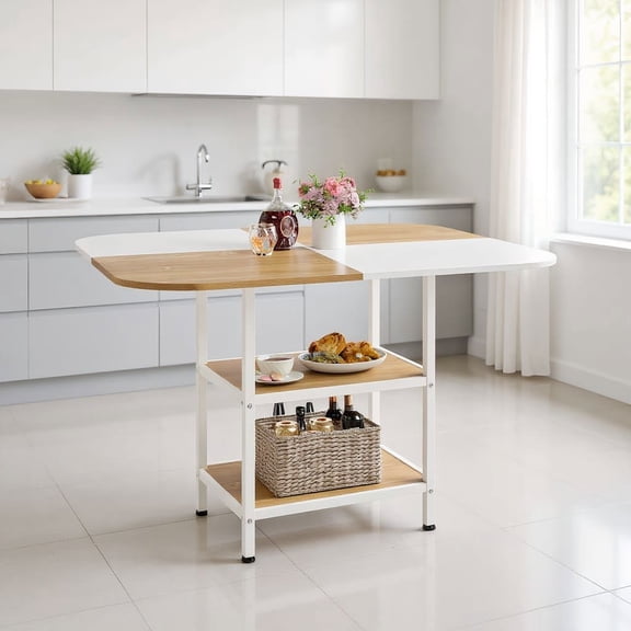 Resenkos 47.5 Inch Modern Kitchen Table with Mix-colored Tabletop, 2-Tier Square Storage Dining Table for Home, Living Room, Natural