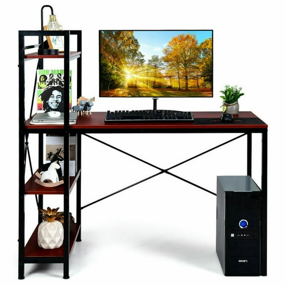 Resenkos 47.5 Inch Writing Study Computer Desk with 4-Tier Shelves-Rustic brown, Home Office Desks, Gaming Computer Desks for Study,Working,Writing