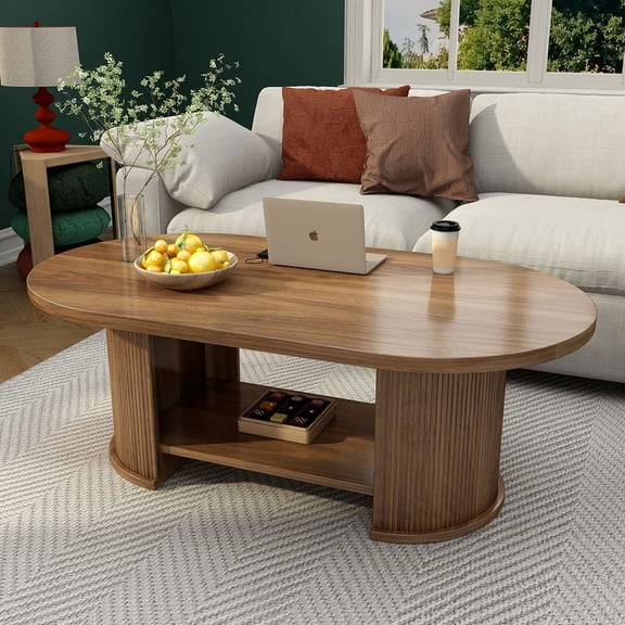 Resenkos 47 Inch Oval Fluted 2-Tier Farmhouse Coffee Table with Storage Shelf, Boho Accent Center Table for Living Room and Office, Walnut