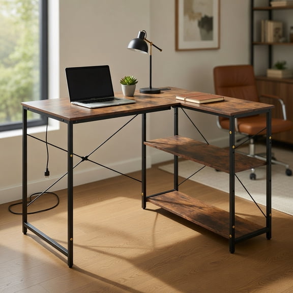 Resenkos 47-Inch Reversible L-Shaped Corner Desk with Adjustable Shelves - Rustic Brown/Black