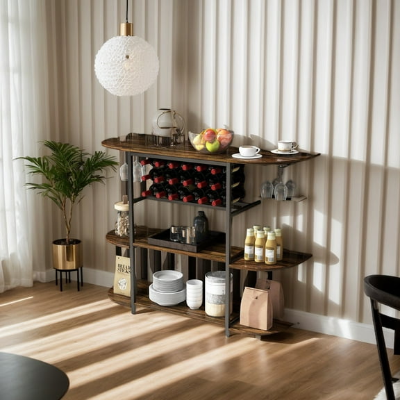 Resenkos 47 Inches Wine Rack Table with Glass Holder and Storage Shelves-Rustic Brown, Storage Rack Microwave Oven Stand for Spices, Pots, and Pans