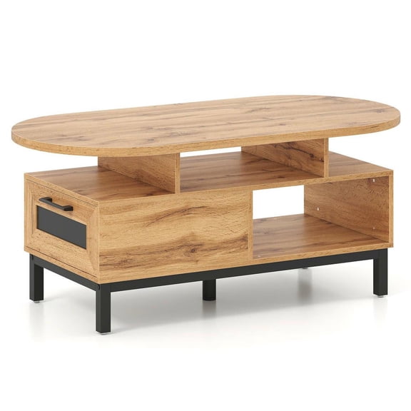 Resenkos 47" Oval Coffee Table with Storage Compartment and Open Shelf, Natural Finish