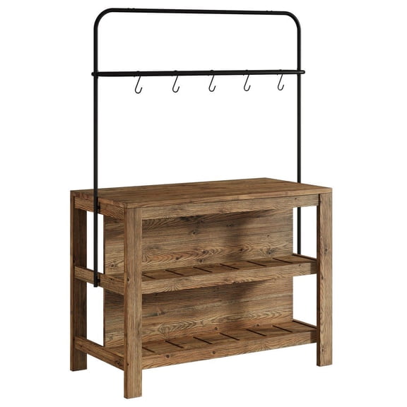 Resenkos 47" Solid Wood Bar Table with Storage Shelves & 5 Hooks, 3-Tier Functional Home Bar Unit, Brown