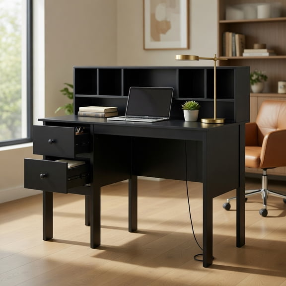 Resenkos 48 Inch Computer Desk with Drawers Power Outlets-Black, Home Office Desks, Gaming Computer Desks for Study,Working,Writing