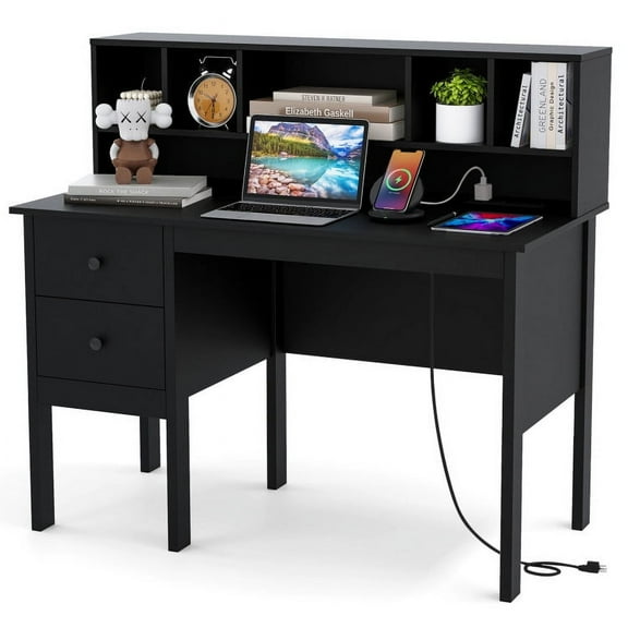 Resenkos 48 Inch Computer Desk with Drawers Power Outlets-Black, Home Office Desks, Gaming Computer Desks for Study,Working,Writing