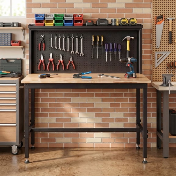 Resenkos 48 Inch Heavy Duty Workbench with AC USB Power Outlets and Pegboard, Adjustable Rubber Wood Top Garage Workbench for Workshop and Home Use, Black