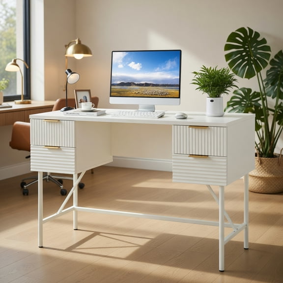 Resenkos 48 Inch Home Office Computer Desk with 4 Drawers-White, Home Office Desks, Gaming Computer Desks for Study,Working,Writing
