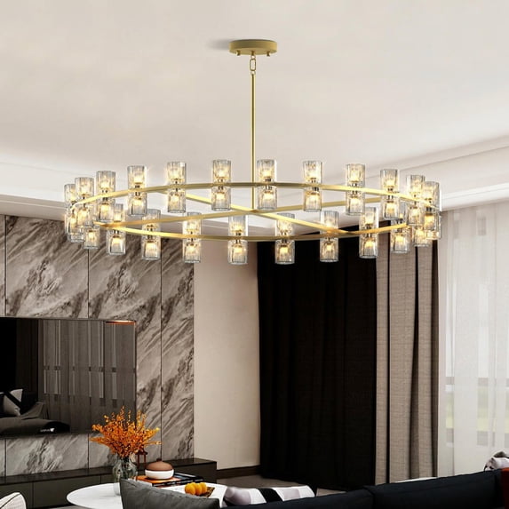 Resenkos 48" Gold Wagon Wheel Chandelier - Crystal Shade, 48-Light Modern Farmhouse Fixture for Dining/Kitchen/Entryways, Gold