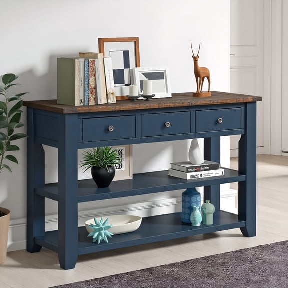 Resenkos 48'' Solid Pine Wood Top Console Table, Modern Entryway Sofa Side Table with 3 Storage Drawers & 2 Shelves, Blue