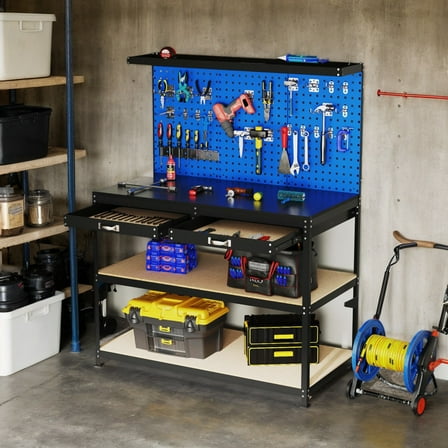 Resenkos 48 x 24 Inch Workbench Work Table with 3 PCs Pegboard Drawer and Shelves-Navy