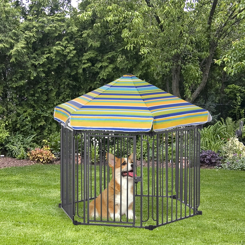 Resenkos 48" x 41" Heavy-Duty Metal Dog Playpen, Outdoor Pet Cage Kennel, Puppy Exercise Fence Barrier with Weather-Resistant Polyester Roof, Locking Door, & Metal Frame