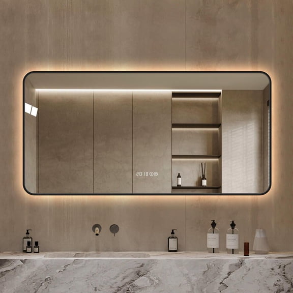 Resenkos 48"x24" Black Frame LED Vanity Mirror, Rounded Corners/Temp Display/Tri-Color Light/Anti-Fog Aluminum Alloy Frame, Antique Silver
