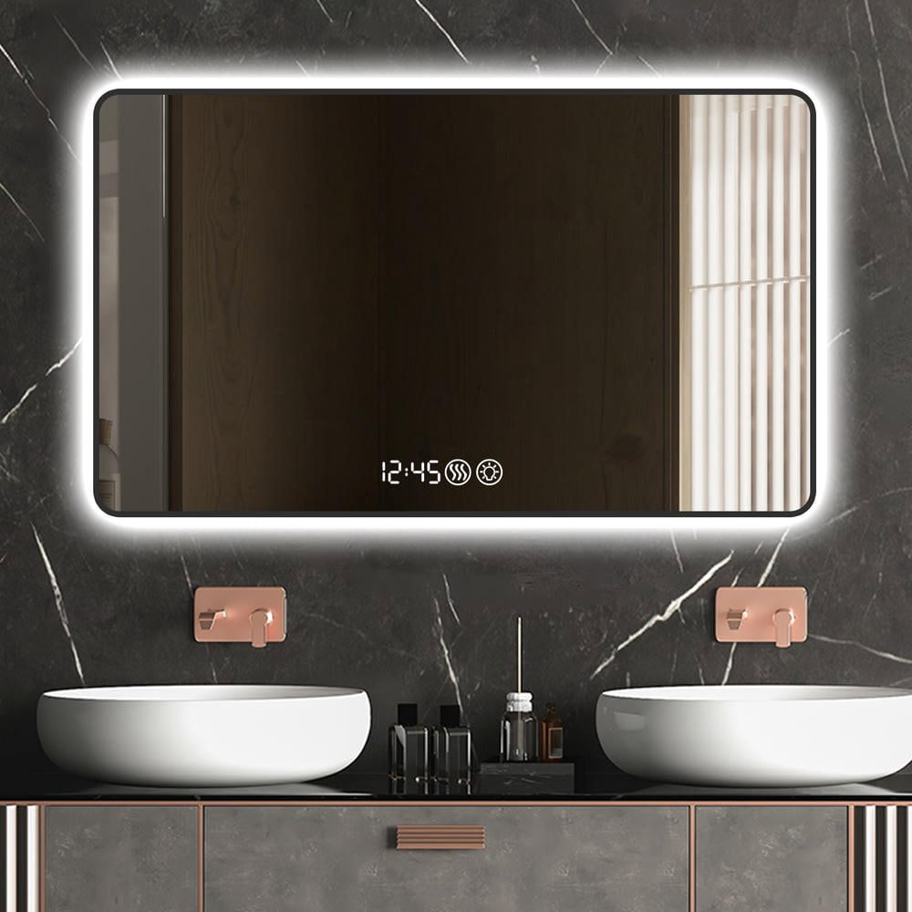 Resenkose 48"x32" Black Frame LED Vanity Mirror, Rounded Corners/Temp Display/Tri-Color Light/Anti-Fog HD Tempered Glass, Black