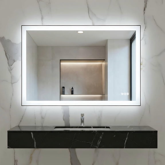 Resenkose 48x32 Inch Extra Wide Rectangle LED Bathroom Mirror with Black Frame - Black