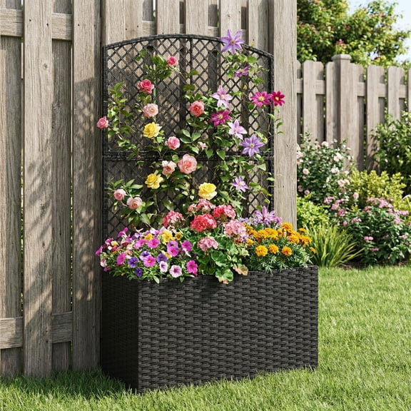 Resenkos 49 Inch PE Rattan Raised Garden Bed with Climbing Trellis, Outdoor Multiuse Planter Box for Patio and Balcony, Black