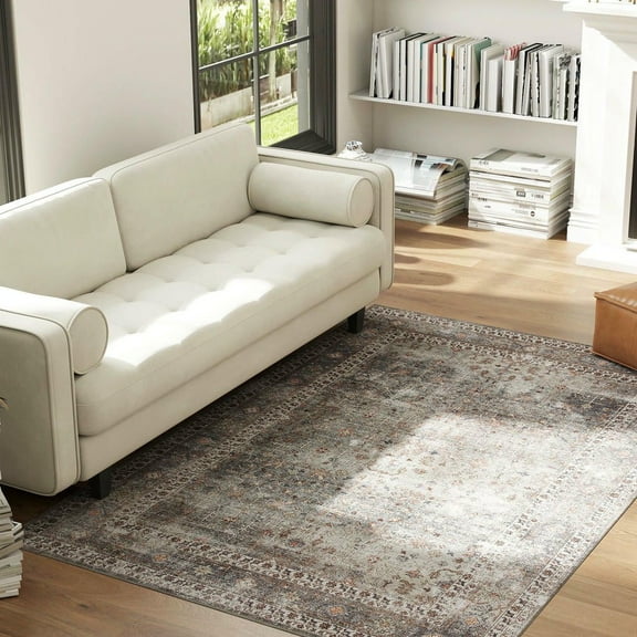 Resenkos 4x6 Machine Washable Area Rug - Non-Slip Traditional Foldable Floor Carpet for Living Room, Dark Mixed-Brown