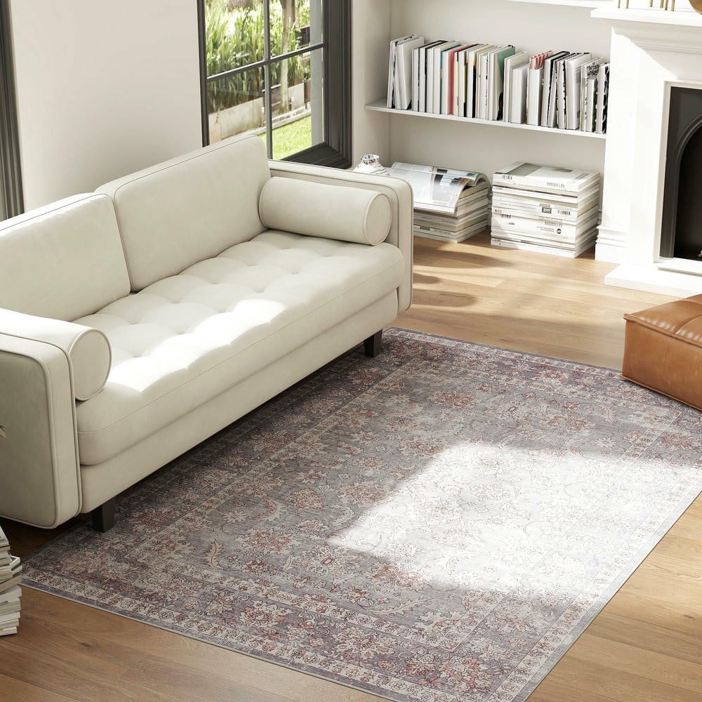 Resenkos 4x6 Washable Rug, Non-Slip Traditional Carpet for Living, Bedroom - Grey and Brown