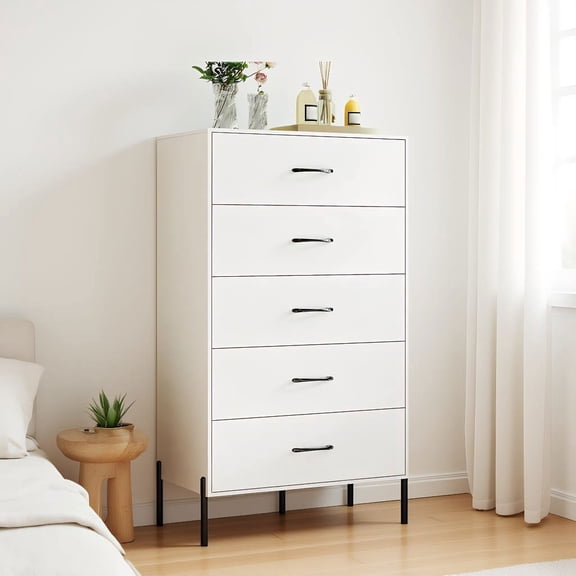 Resenkos 5-Drawer Modern Tall Chest of Drawers, Metal Leg Storage Cabinet for Bedroom, Closet Organizer, White