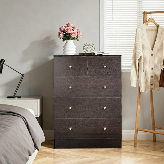 Resenkos 5-Drawer Tall Dresser, 3+2 Storage Cabinet with Matte Gold Pulls, Particle Board - Brown