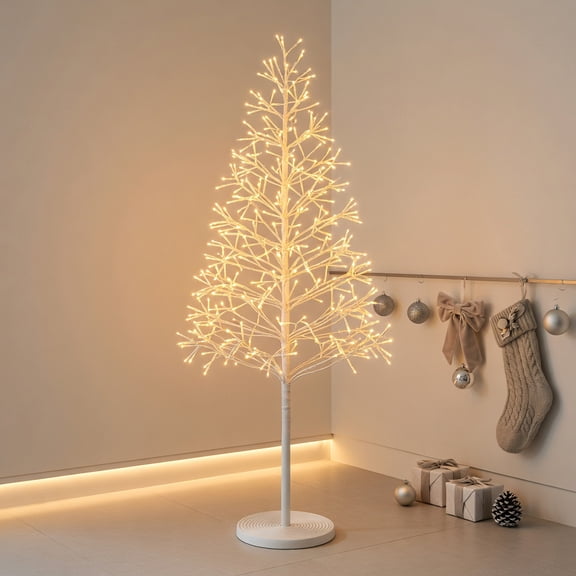 Resenkos 5-Ft Pre-Lit Lighted Birch Tree - 240 Warm White LEDs, Twig Structure Adds Rustic Charm to Fireplaces & Porch Holiday Decor, White
