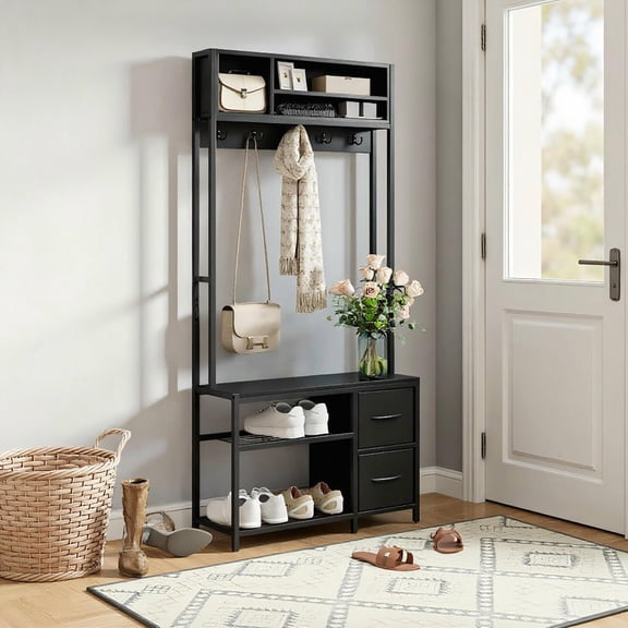 Resenkos 5-In-1 Hall Tree - Entryway Bench with Shoe Storage, Coat Rack, 3 Shelves & 2 Fabric Drawers, Black