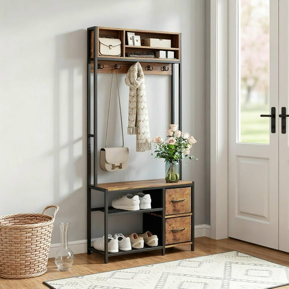 Resenkos 5-In-1 Hall Tree - Entryway Bench with Shoe Storage, Coat Rack, 3 Shelves & 2 Fabric Drawers, Brown